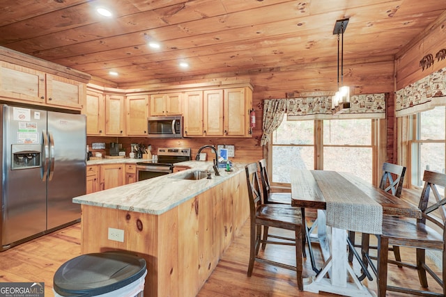 kitchen featuring stainless steel appliances, a sink, wooden ceiling, light brown cabinetry, and a peninsula