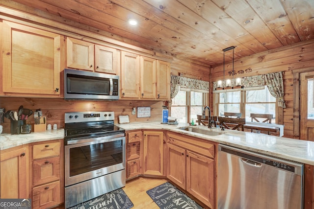 kitchen with wood walls, appliances with stainless steel finishes, wood ceiling, and a sink