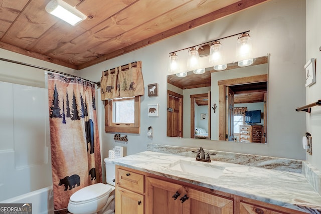 bathroom with toilet, a shower with curtain, vanity, and wood ceiling