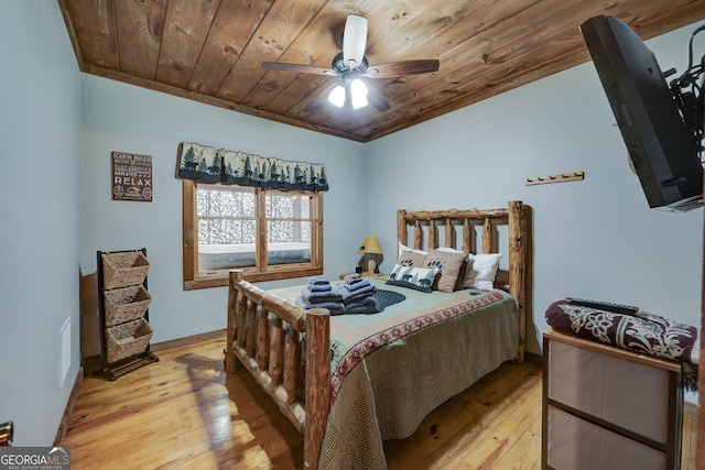 bedroom featuring wood ceiling, light wood-style flooring, baseboards, and ceiling fan