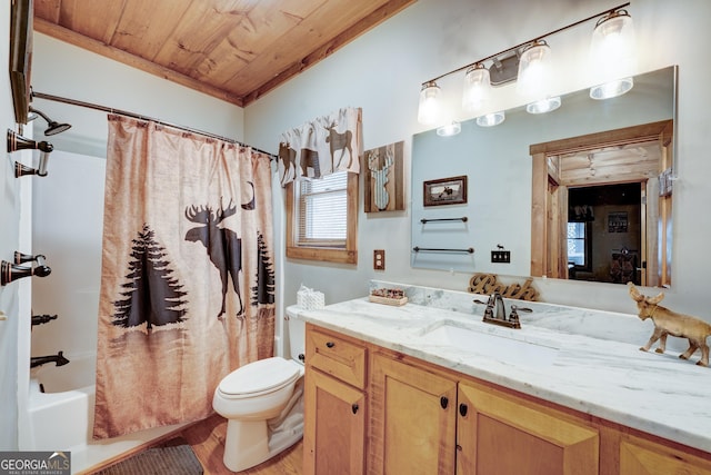 full bath featuring vanity, wood finished floors, shower / tub combo, wooden ceiling, and toilet