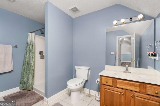 full bathroom featuring vanity, a shower with curtain, visible vents, tile patterned flooring, and toilet