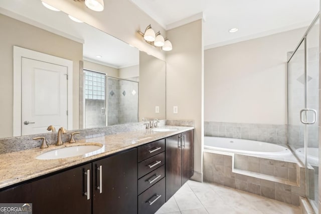 1199 Huff Rd Unit 121, Atlanta, GA 30318 - full bathroom with a shower stall, a bath, double vanity, tile patterned floors, and ornamental molding