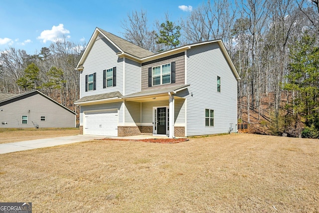 craftsman house featuring concrete driveway, an attached garage, brick siding, and a front yard