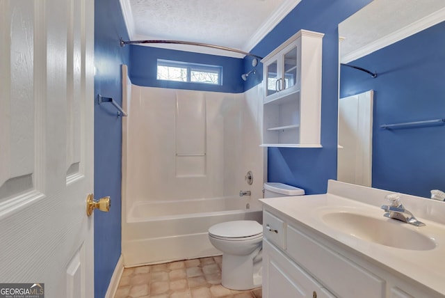 full bath with toilet, ornamental molding, shower / bathing tub combination, a textured ceiling, and vanity