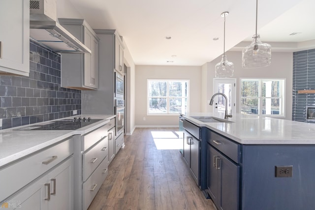 kitchen with wood finished floors, a sink, appliances with stainless steel finishes, wall chimney range hood, and tasteful backsplash