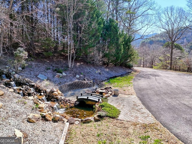 exterior space featuring driveway and a forest view