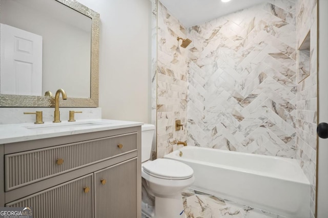 full bathroom featuring vanity, bathing tub / shower combination, toilet, and marble finish floor