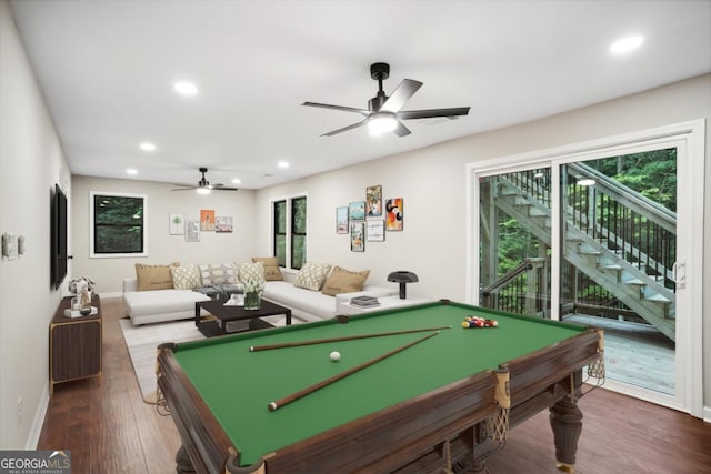 game room with recessed lighting, wood finished floors, ceiling fan, and billiards