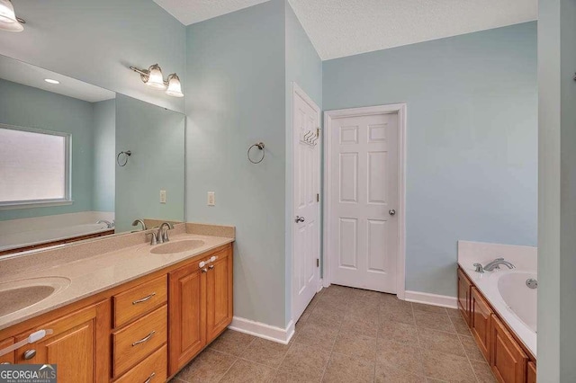 bathroom with a sink, baseboards, a garden tub, and double vanity