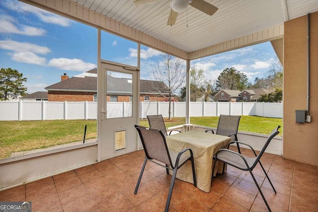 sunroom / solarium featuring a wealth of natural light and ceiling fan