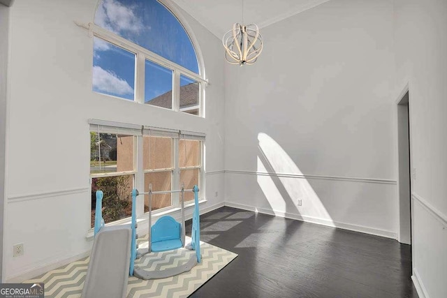 interior space featuring an inviting chandelier, a high ceiling, wood finished floors, and baseboards