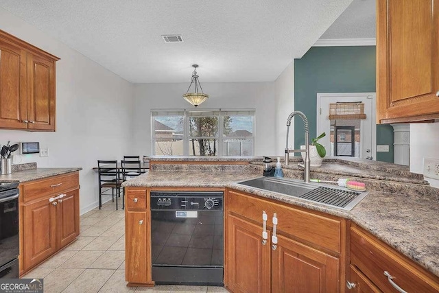 kitchen with a sink, black dishwasher, a textured ceiling, light tile patterned flooring, and brown cabinetry