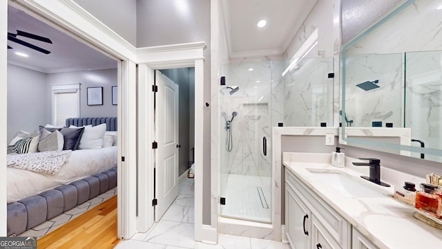 bathroom with a marble finish shower, connected bathroom, ornamental molding, recessed lighting, and marble finish floor