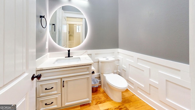 bathroom featuring toilet, wood finished floors, wainscoting, a decorative wall, and vanity