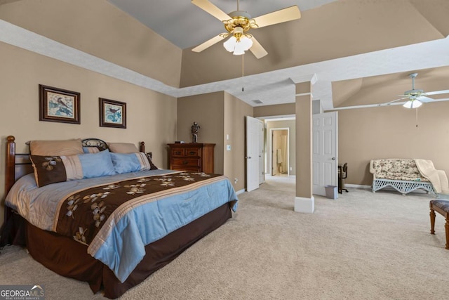 carpeted bedroom with high vaulted ceiling, a ceiling fan, and baseboards