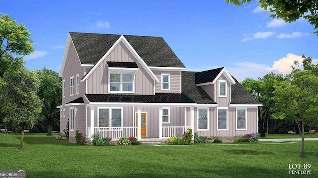 view of front of house with covered porch, board and batten siding, a front lawn, and roof with shingles