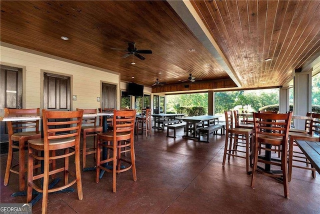 dining area featuring wood ceiling, a wealth of natural light, and ceiling fan