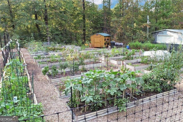 view of yard featuring an outdoor structure, a storage shed, a vegetable garden, and a view of trees