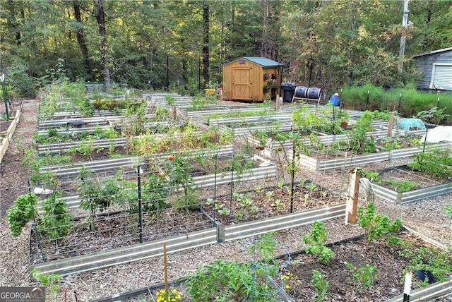 view of yard featuring a storage unit, a vegetable garden, an outdoor structure, and a wooded view