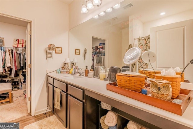 bathroom with visible vents, vanity, wood finished floors, and a spacious closet