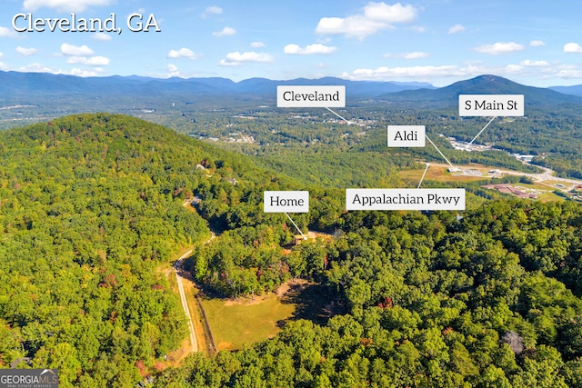 aerial view featuring a mountain view and a view of trees