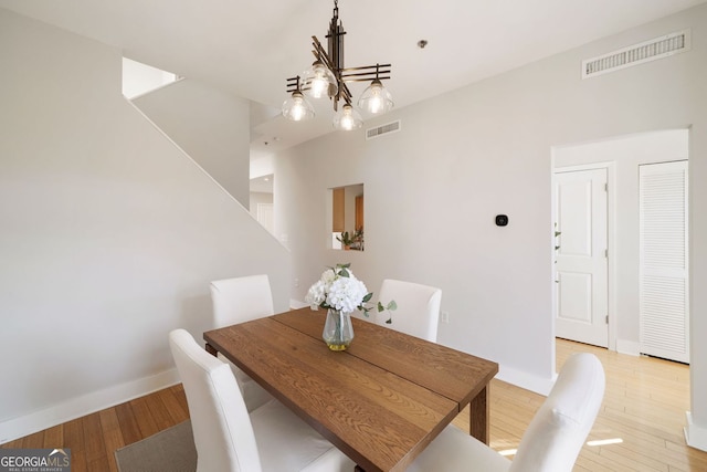 dining area featuring light wood finished floors, visible vents, baseboards, and an inviting chandelier