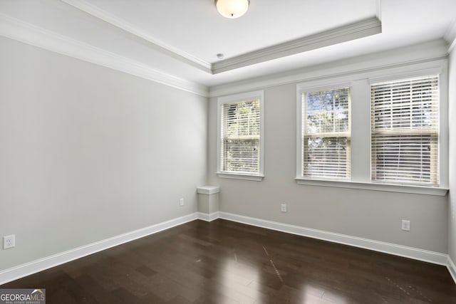 empty room featuring a tray ceiling, wood finished floors, baseboards, and ornamental molding