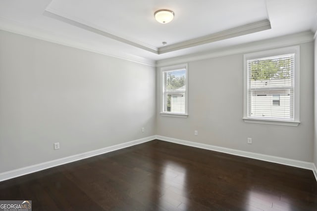 spare room featuring a raised ceiling, dark wood-style floors, baseboards, and ornamental molding