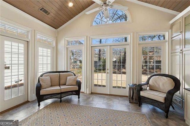 sunroom / solarium featuring wooden ceiling, a ceiling fan, visible vents, and a healthy amount of sunlight