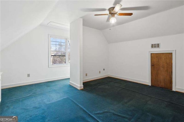 bonus room featuring visible vents, baseboards, carpet flooring, lofted ceiling, and ceiling fan