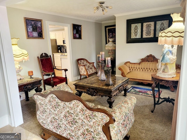 carpeted living room featuring tile patterned floors, baseboards, and crown molding