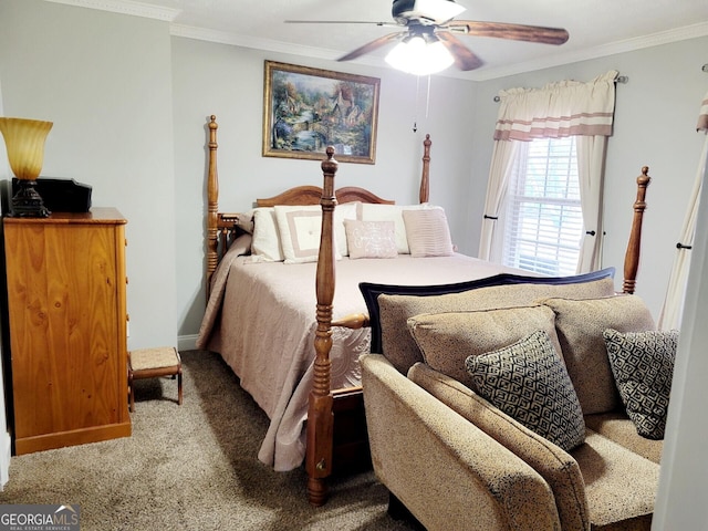 carpeted bedroom featuring crown molding, a ceiling fan, and baseboards