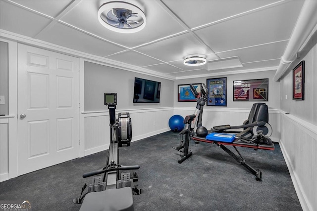 workout room featuring a wainscoted wall and dark carpet