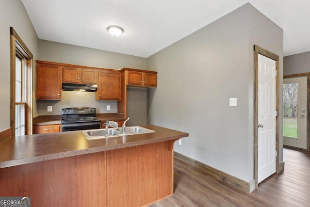 kitchen with dark wood-style floors, electric range, a sink, under cabinet range hood, and brown cabinets