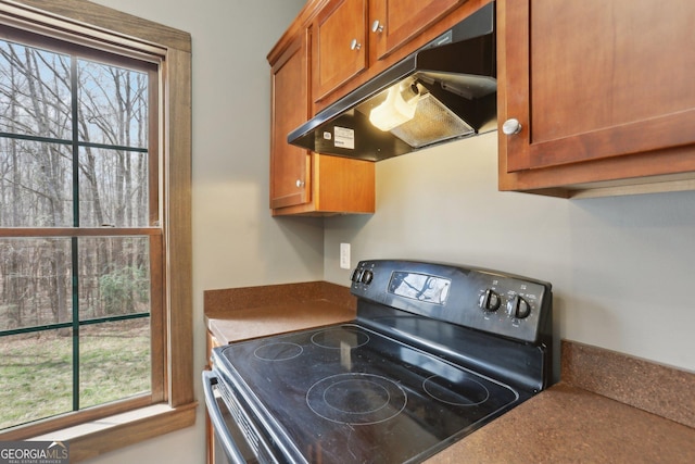 kitchen featuring electric range, a healthy amount of sunlight, brown cabinets, and under cabinet range hood