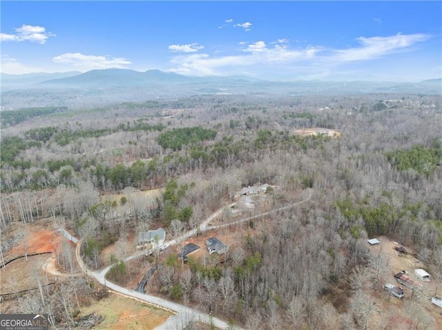 bird's eye view featuring a forest view and a mountain view