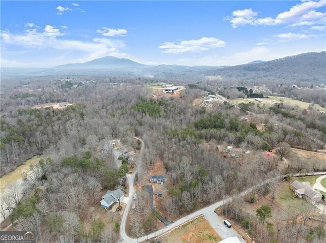 aerial view featuring a forest view and a mountain view