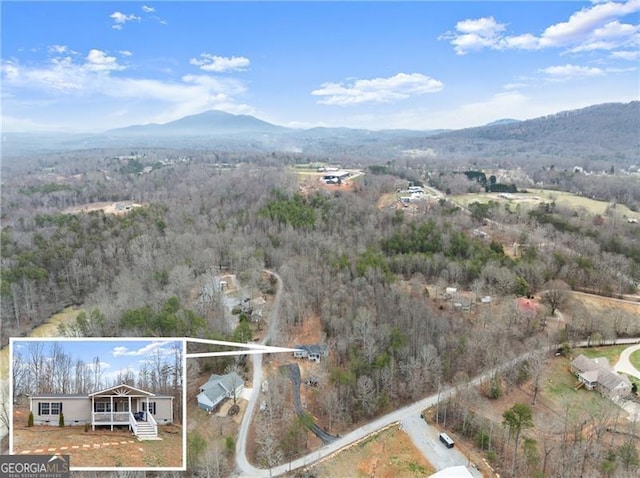 bird's eye view featuring a forest view and a mountain view