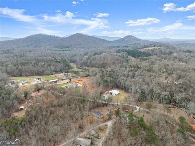 aerial view featuring a mountain view and a wooded view