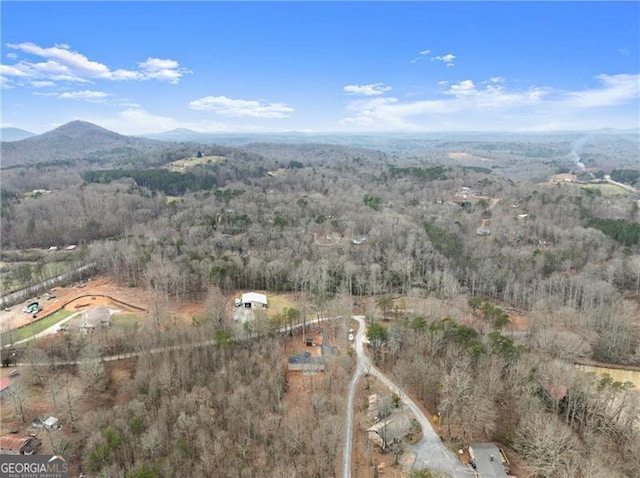 birds eye view of property featuring a wooded view and a mountain view