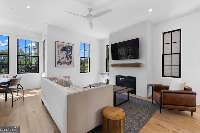 living room featuring light wood finished floors, a glass covered fireplace, and plenty of natural light