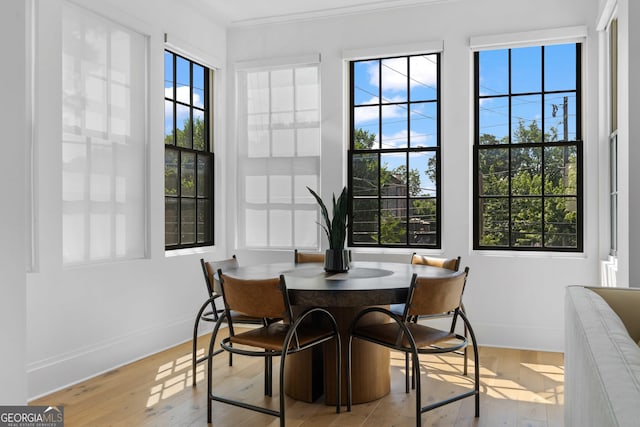 dining area with baseboards, wood-type flooring, and plenty of natural light