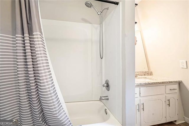 full bath with shower / bathtub combination with curtain and vanity