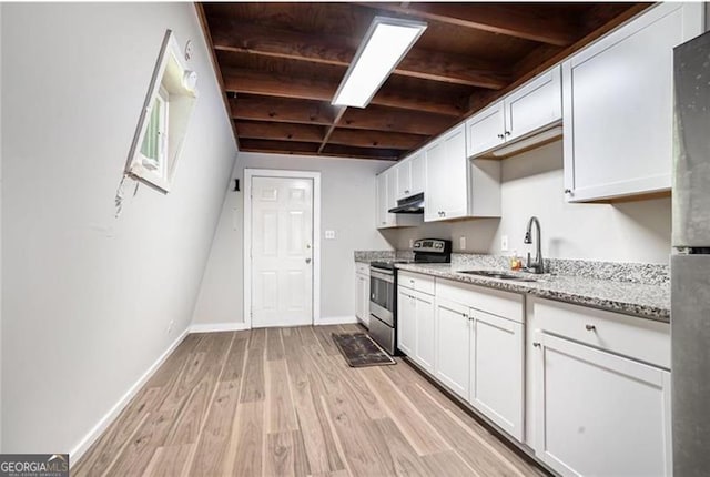 kitchen with light wood-style flooring, a sink, white cabinets, under cabinet range hood, and appliances with stainless steel finishes