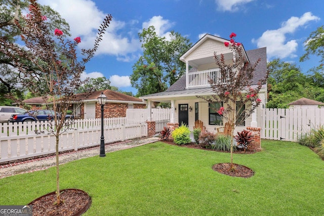 view of front of house with a fenced front yard, a front yard, metal roof, a balcony, and a gate