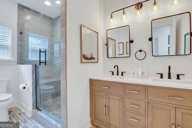 bathroom featuring a shower stall, toilet, and a sink