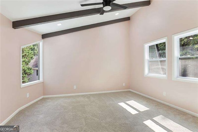 empty room featuring baseboards, plenty of natural light, a ceiling fan, and carpet flooring