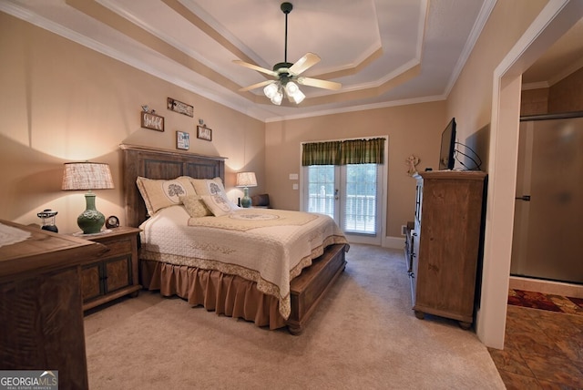 bedroom featuring ceiling fan, ornamental molding, light carpet, a raised ceiling, and access to outside