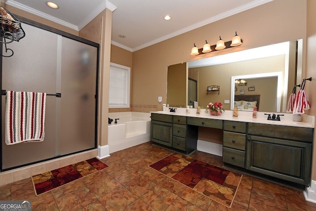 full bathroom featuring a stall shower, crown molding, a garden tub, and double vanity